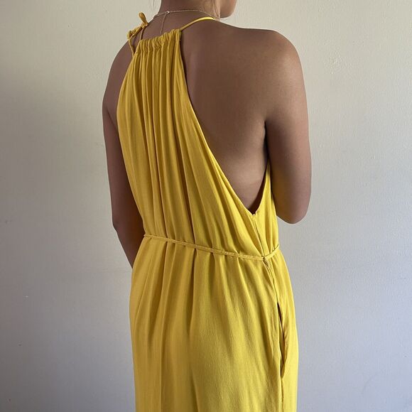 Urban Outfitters Halter Maxi Sun Dress Oversize XS Sleevless Slit Pockets Yellow - Picture 9 of 10